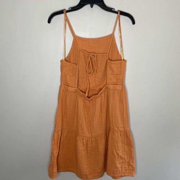 LOUNA Mini Dress Womens Medium Orange Tiered Shift Strappy Open Back Cotton - Picture 7 of 13